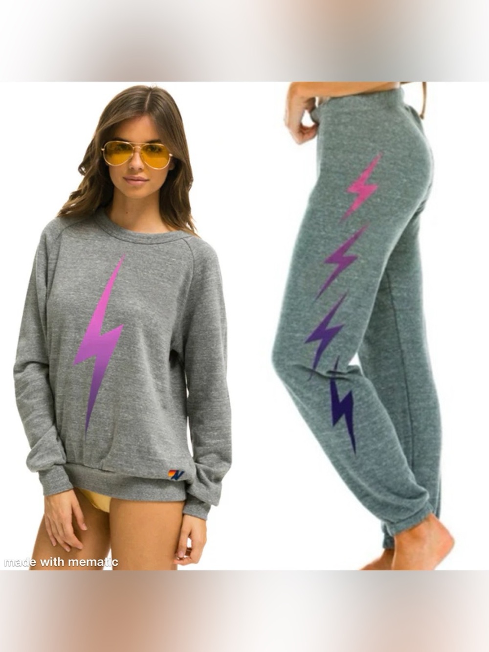 Aviator Nation Bolt Faded Ombre SET Pink Purple Heathered Gray Small Top/Bottoms